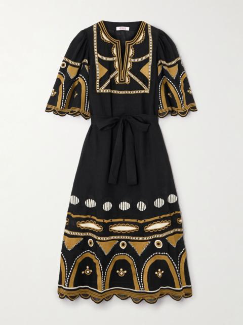 Ornament belted embroidered linen midi dress Black