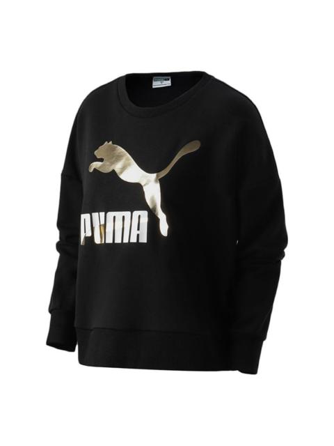 (WMNS) PUMA Classic Casual Printed Round Neck Long Sleeve Sweater 'Black Gold' 531382-51