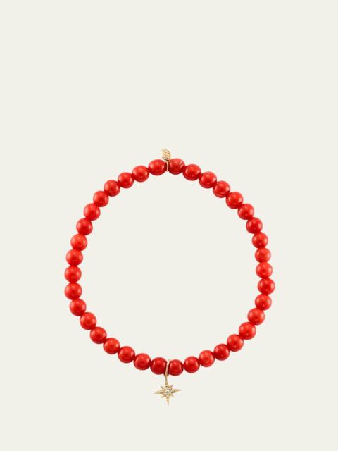 14K Gold & Diamond Pave Starburst Charm on Coral Beaded Bracelet