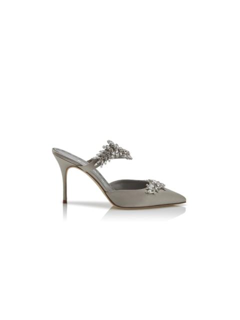 Grey Satin Crystal Embellished Mules