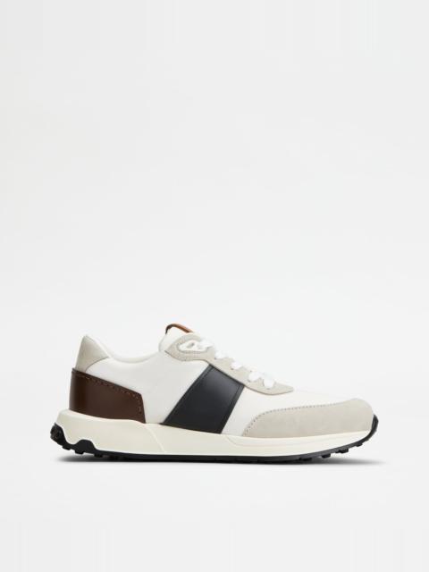 SNEAKERS IN LEATHER AND TECHNICAL FABRIC - GREY, WHITE, BLUE