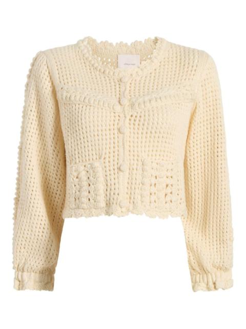 crochet-trimmed puff-sleeve cardigan