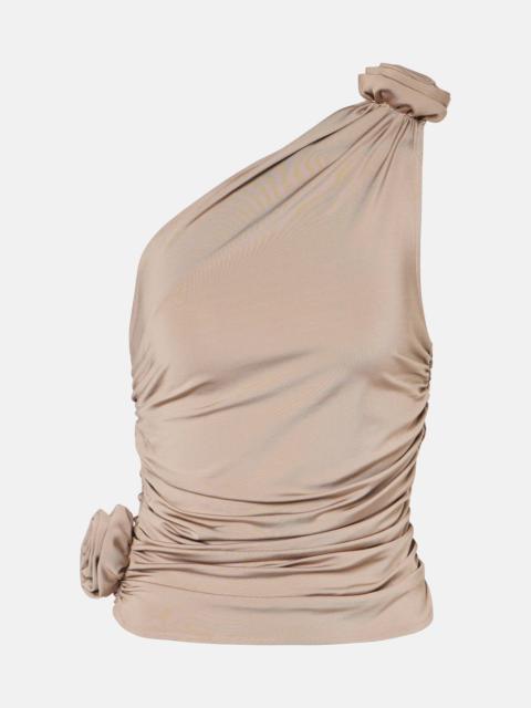 Floral-appliqué one-shoulder ruched top