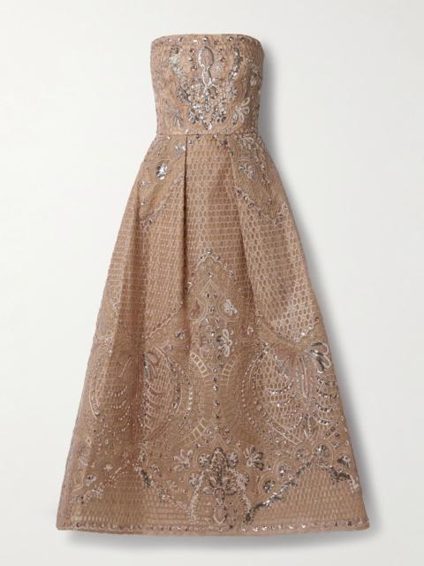 Strapless sequined embroidered tulle midi dress Antique rose