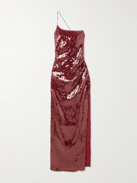 One-shoulder Sequined Stretch-mesh Maxi Dress