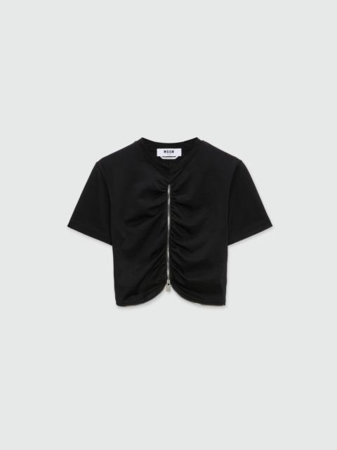 Black cropped jersey T-shirt with zip