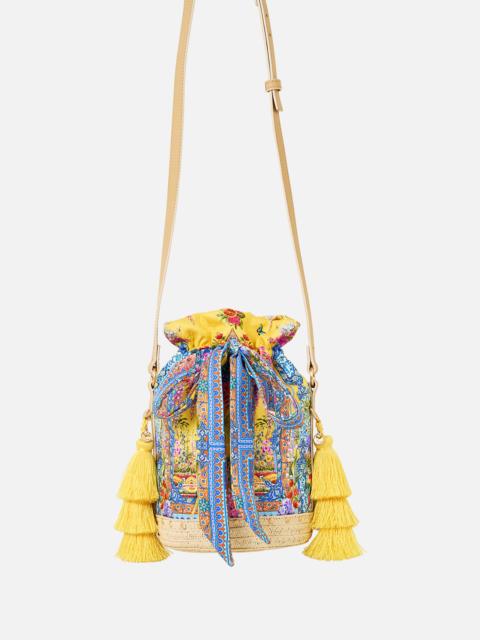 TIE TOP BUCKET BAG WITH TASSELS
