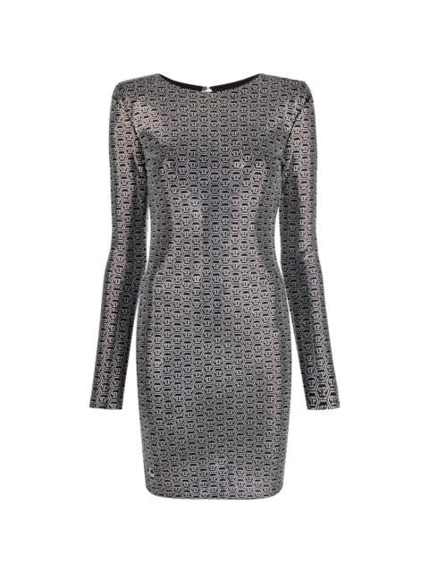 Crystal-embellished long-sleeve mini dress