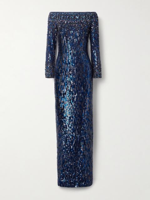 Off-the-shoulder Crystal And Sequin-embellished Tulle Gown