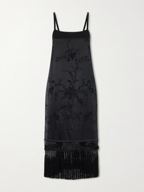Fringed Embroidered Silk-satin Midi Dress