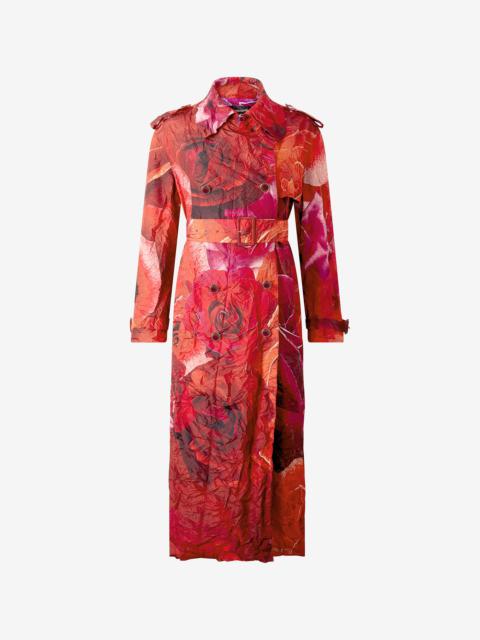 Long Crinkle-Effect Trench Coat With Rose Print