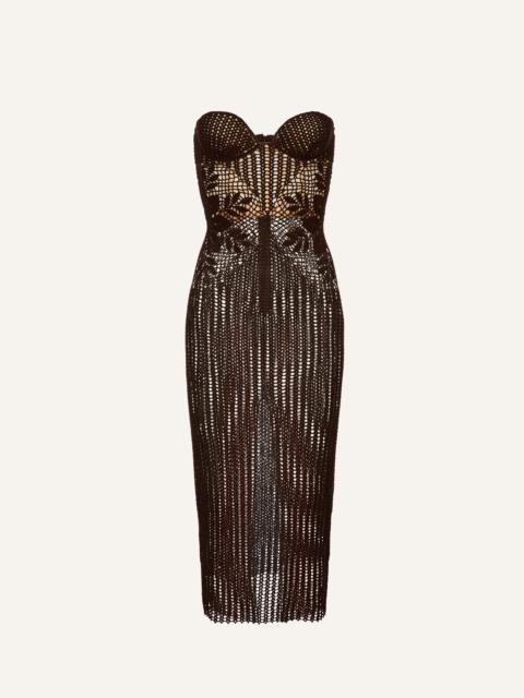 Strapless lace crochet bustier dress in brown