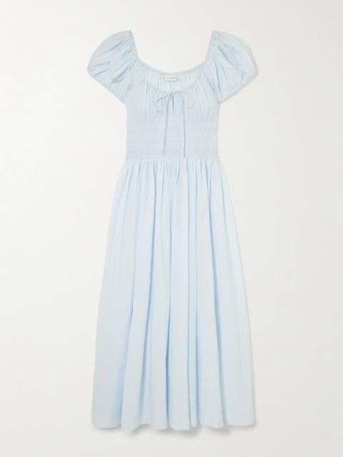 Quinn Tie-detailed Shirred Organic Cotton-poplin Midi Dress