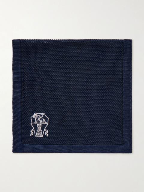 Logo-Embroidered Knitted Silk Pocket Square Blue