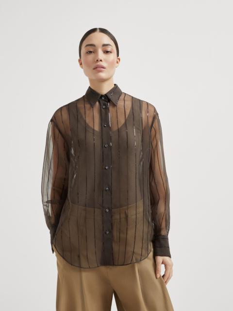Crispy silk shirt with dazzling chalk stripe embroidery