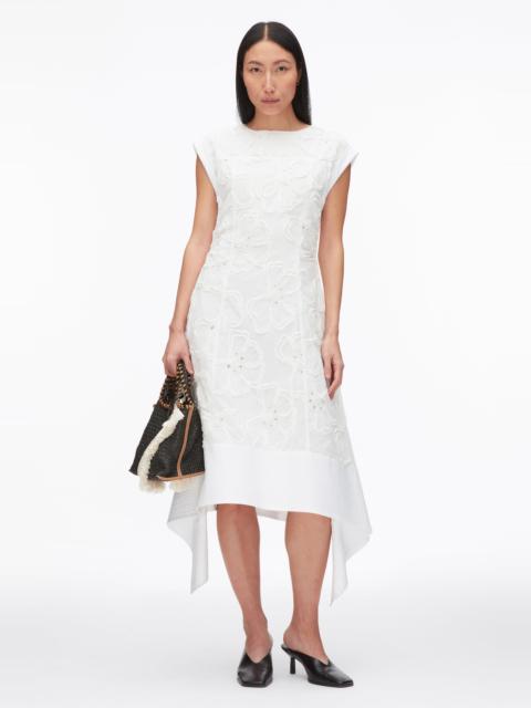 Embroidered Belted Midi Dress with Handkerchief Hem