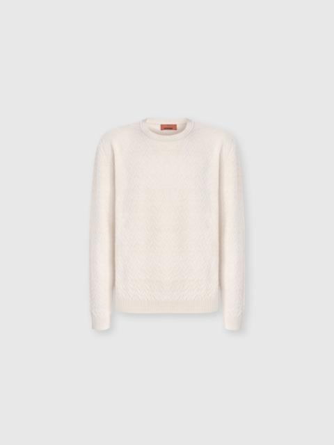 Crew-neck wool and cotton pullover with tone-on-tone zigzag pattern