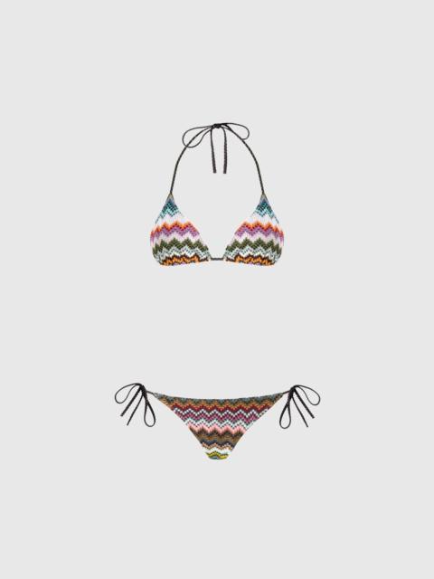 Triangle bikini in lamé viscose with pixel-effect zigzag pattern