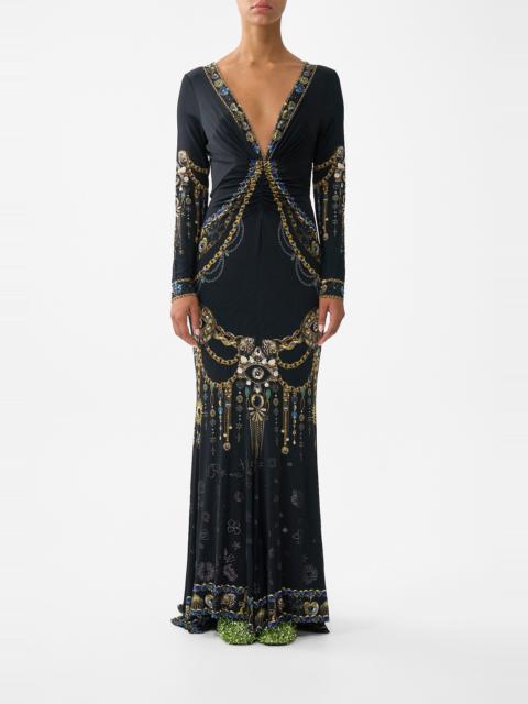 LONG SLEEVE GATHERED DRESS WITH TRAIN