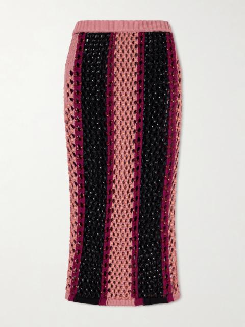 Spice Crystal-embellished Striped Crocheted Cotton-blend Midi Skirt