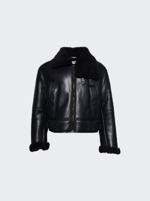 Leather And Shearling Biker Jacket Navy Blue