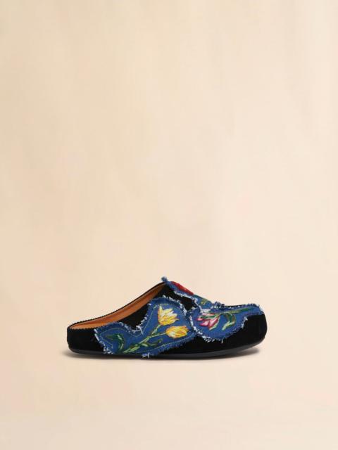 BLACK CORDUROY FUSSBETT SABOT WITH DENIM APPLIQUÉS