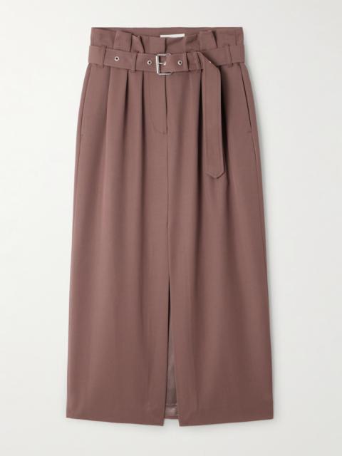 Belted Pleated Wool-twill Midi Skirt