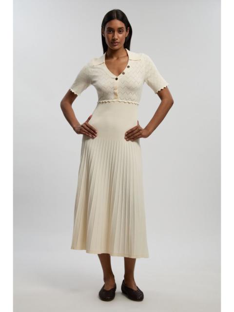 Petite Knit Stitch Detail Rib Collared Short Sleeve Midi Dress