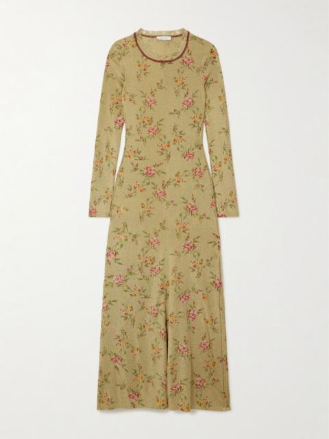 Distressed floral-print metallic knitted maxi dress Gold