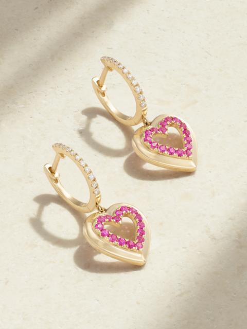 Heart 14-karat Gold, Sapphire And Diamond Hoop Earrings