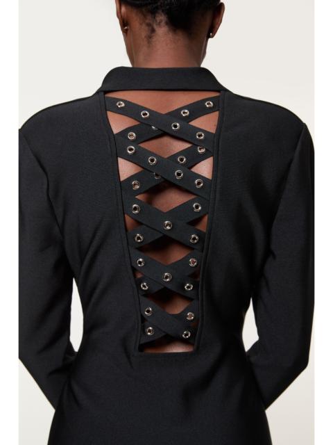 Figure Form Bandage Knit Eyelet Cross Back Detail Mini Dress