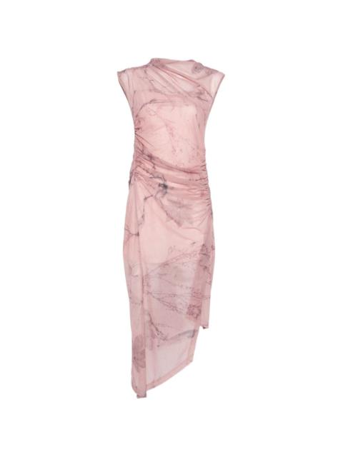 asymmetric-hem ruched midi dress