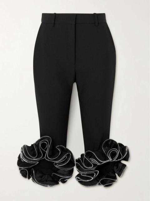 Cropped zip-embellished ruffled woven skinny pants