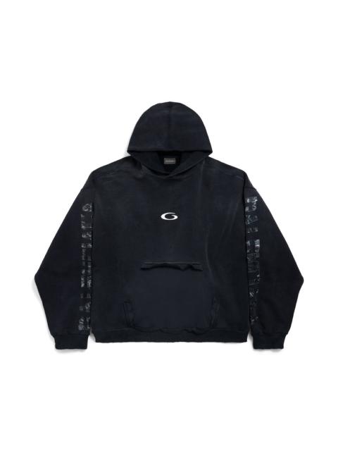 Men's Transparent Tape Ripped Pocket Hoodie in Faded Black/white