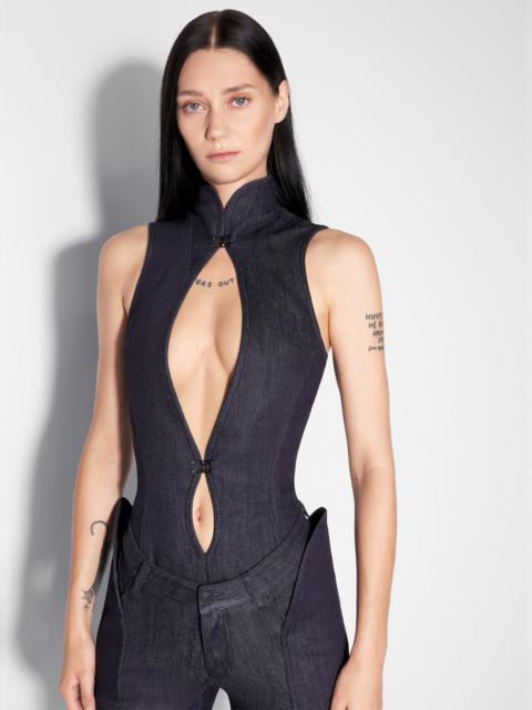 raw denim open neckline bodysuit