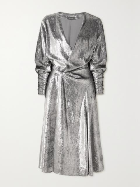 Courtneya Wrap-effect Lamé Midi Dress