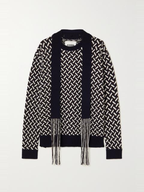 Fringed tie-neck intarsia wool sweater