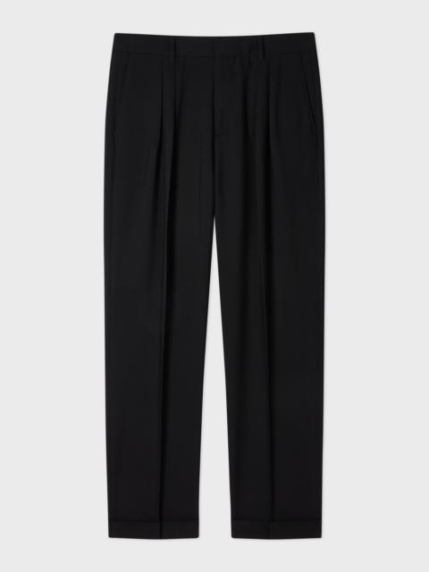 Black Two-Ply Hopsack Wool Pleated Trousers