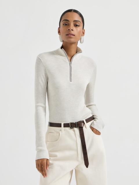 Virgin wool and cashmere rib lightweight turtleneck sweater with precious half zip