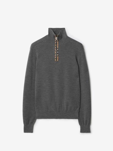 Check Trim Wool Half-zip Sweater