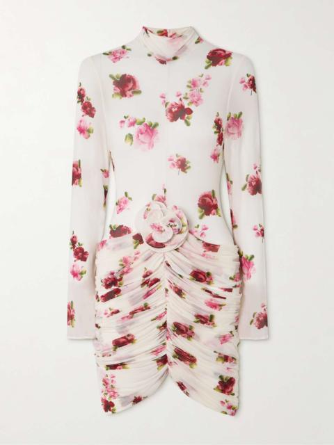 Appliquéd gathered floral-print tulle mini dress