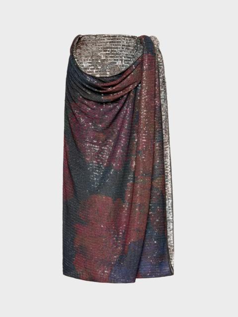 Printed Paillettes Draped Maxi Skirt