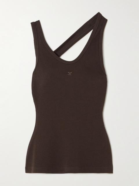 Asymmetric Embroidered Ribbed Stretch Cotton-jersey Tank