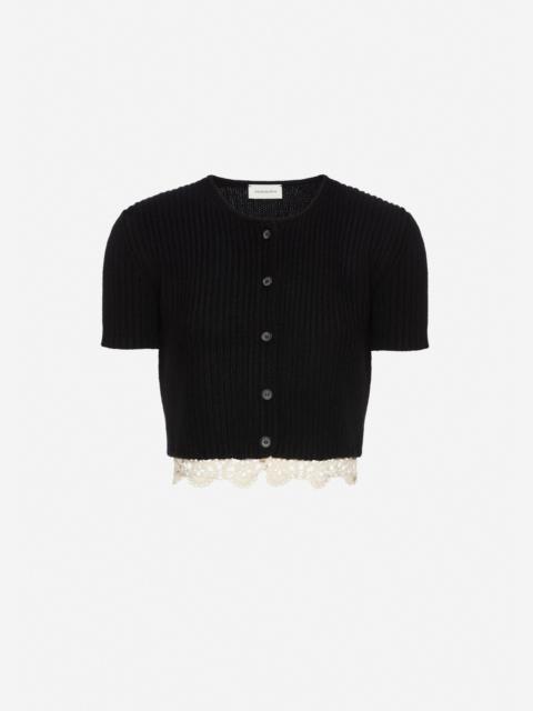 Short-sleeve crochet-trim cropped cardigan in black