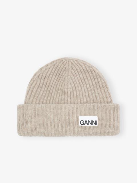 SAND FITTED WOOL RIB KNIT BEANIE
