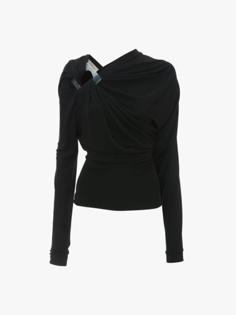Long Sleeve Draped Jersey Top In Black