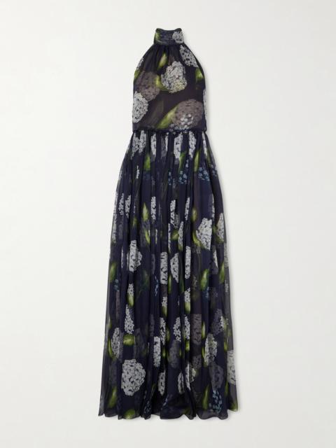Floral-print Gathered Silk-chiffon Halterneck Gown