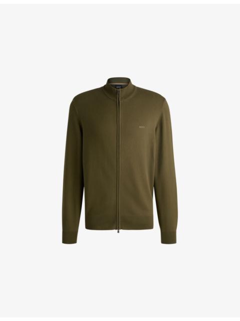 Brand-embroidered zipped cotton-knit cardigan