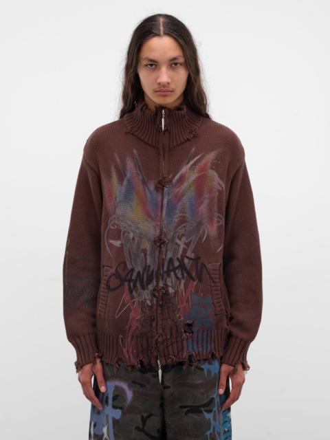 Brown Distressed Knit Graffiti Sweater