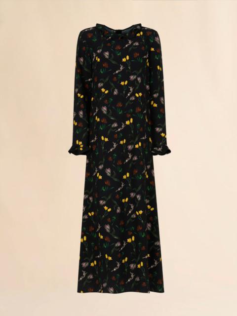 BLACK ENVERS SATIN MAXI DRESS WITH TULIPS AND HARES PRINT